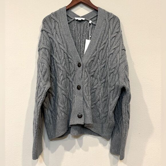 Vince Chunky Cable Knit Wool Cashmere Cardigan XL V-Neck Button Front Gray - Picture 3 of 14
